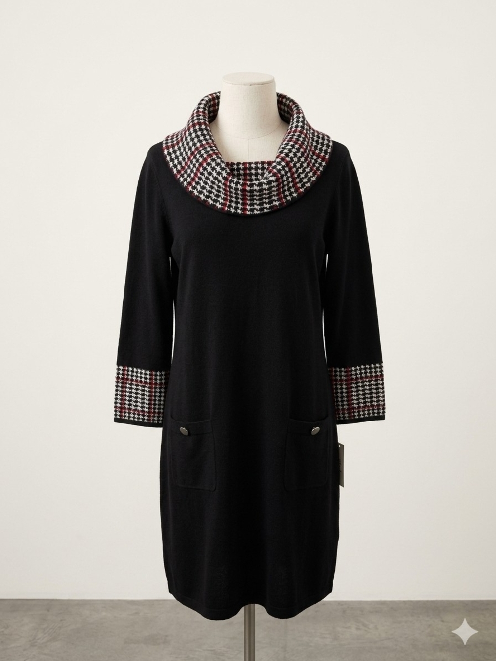 Eliza J Black, White & Red Houndstooth Midi Dress